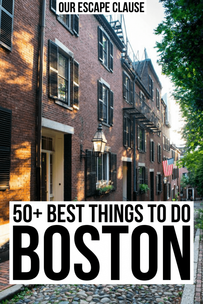 Acorn Street in Boston MA, black text on a white background reads "50+ best things to do in Boston MA"