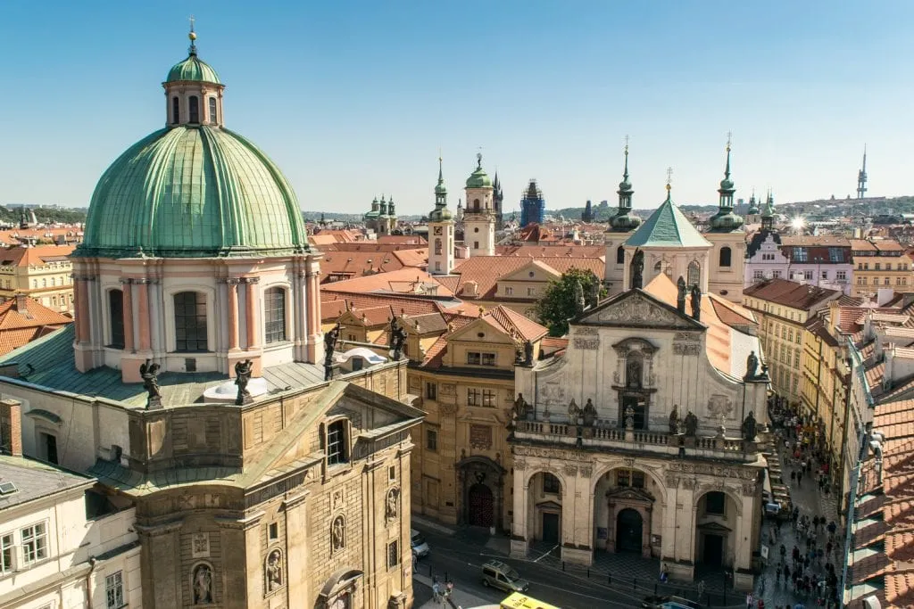 view of prague skyline from old town bridge tower