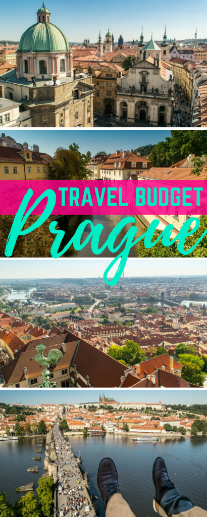 4 photos of prague viewpoints from above, pink and blue text reads "travel budget prague"