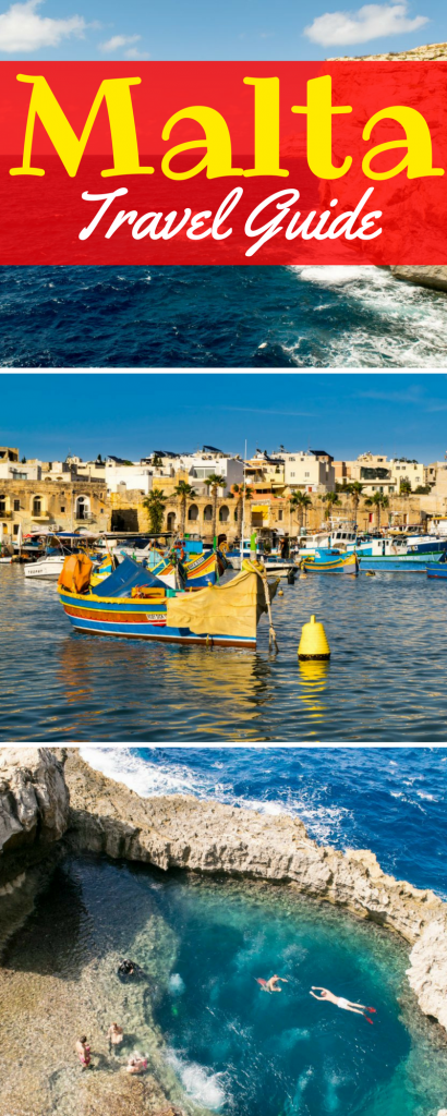 3 photos of malta travel destinations, yellow and white text on a red background reads "malta travel guide"