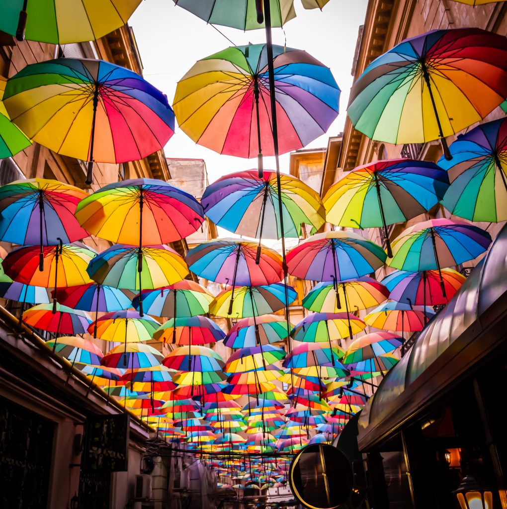 view of colorful umbrella ceiling display in bucharest romania