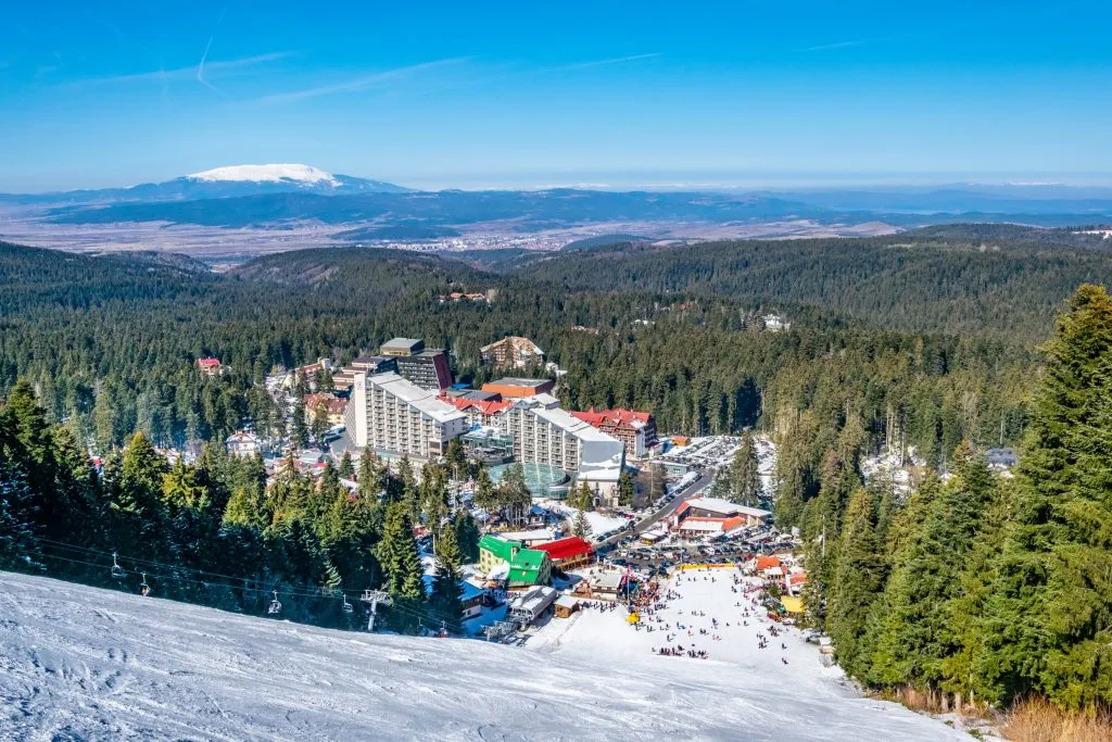 borovets bulgaria as seen from the top of a ski slope, one of the best cheap places in europe to visit