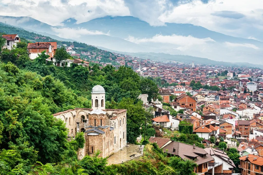 view of prizren kosovo from above with church of holy savior in the foreground