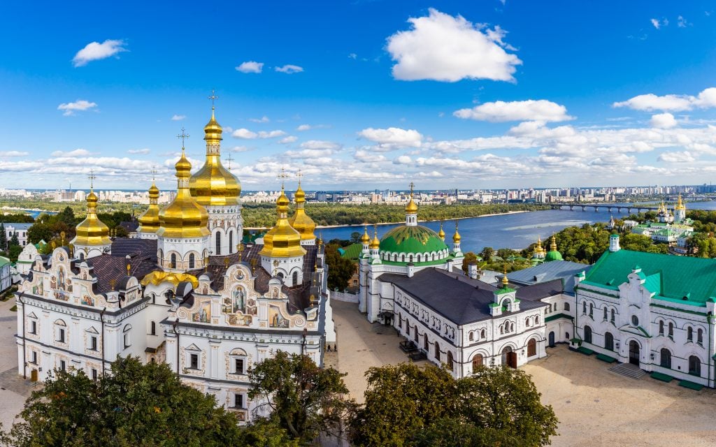 beautiful orthodox churches in kyiv ukraine as seen from above along the river