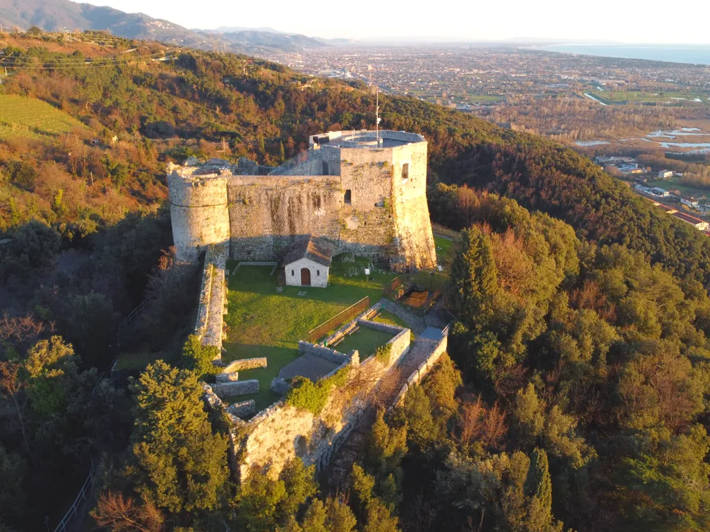 aerial view of Aghinolfi Castle in Montignoso in tuscany italy