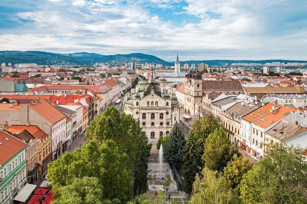 view of kosice slovakia from above, one of the cheapest cities to visit in europe