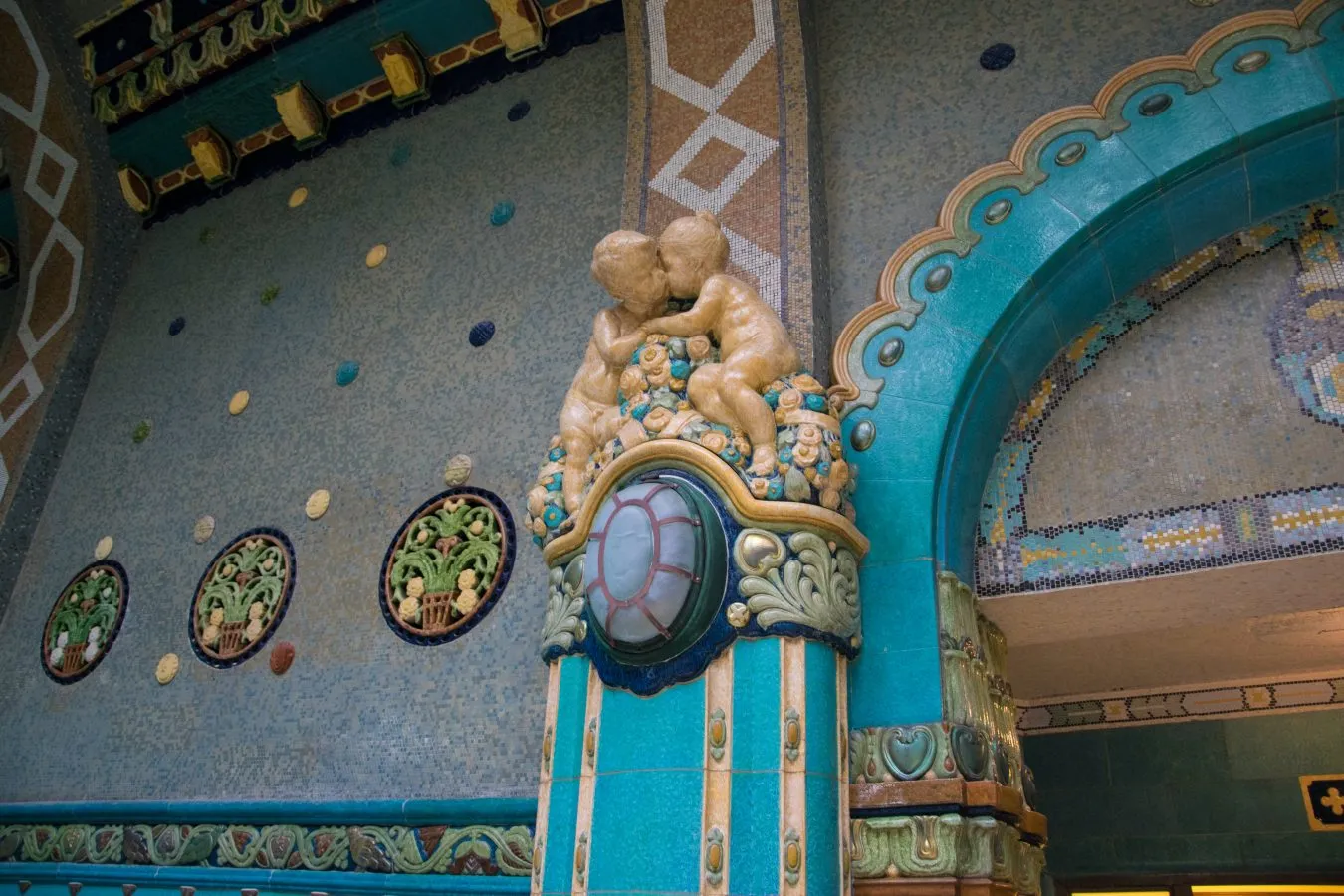 close up of tiled details in gellert baths as seen when visiting budapest hungary