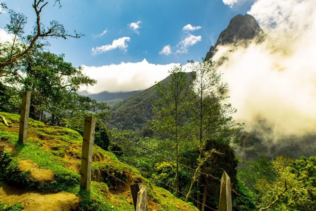 Colombia 2 Week Itinerary: Valle de Cocora with a barbed wire fence running along the trail and clouds rolling in from the right