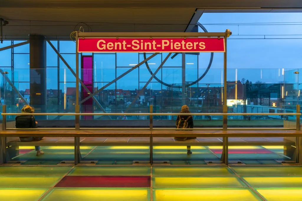 platform in ghent belgium train station at night