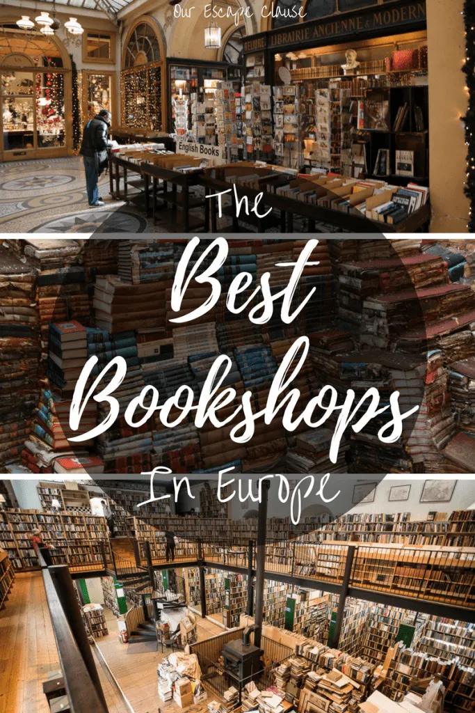 3 photos of beautiful european boosktores, white text on a black background reads "the best bookshops in europe"