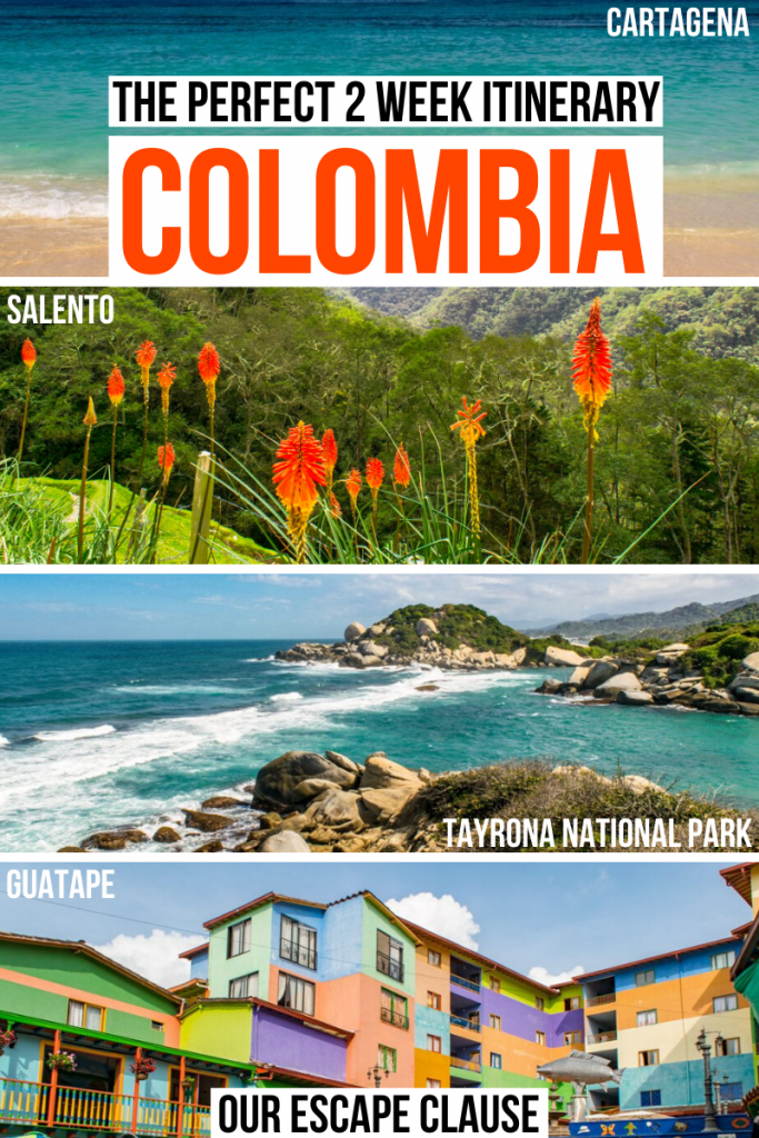 Four photos of Colombia: Playa Blanca, Cocora Valley, Tayrona National Park, city of Guatape. Black and orange text on a white background reads "the perfect 2 week itinerary Colombia"