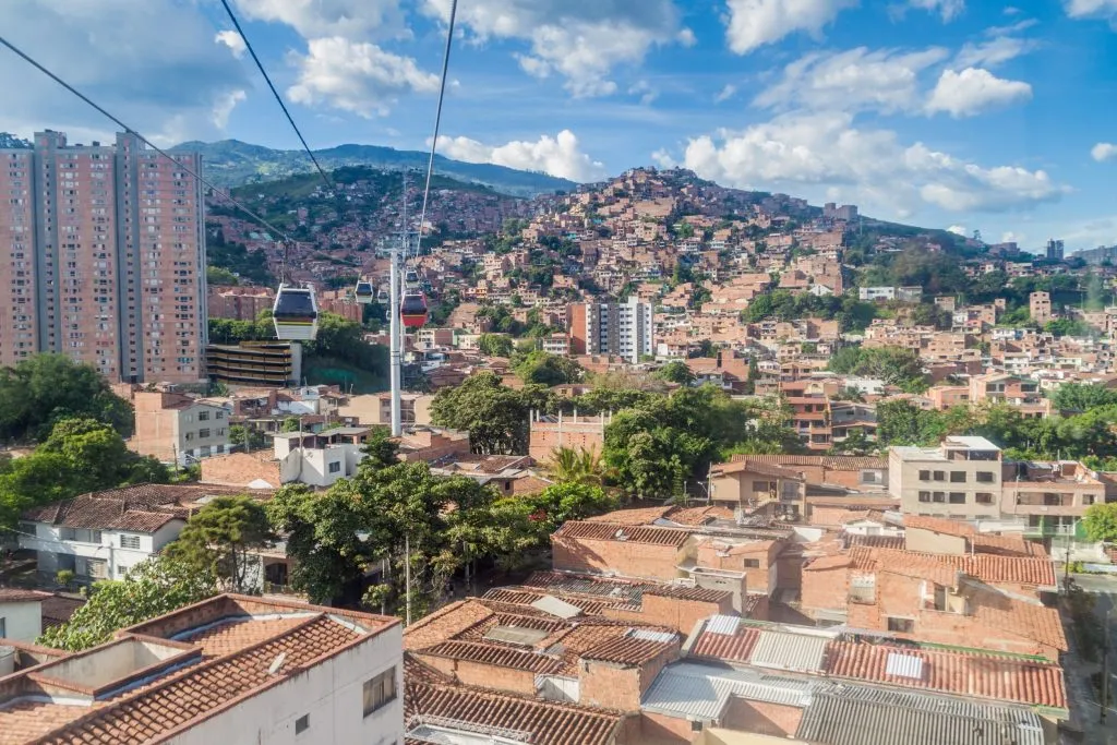 medellin colombia cable car system with skyline in the background