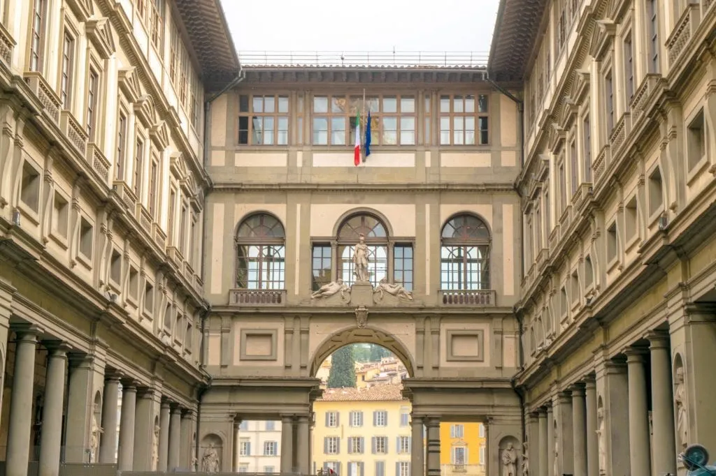 front facade of the uffizi gallery in florence italy