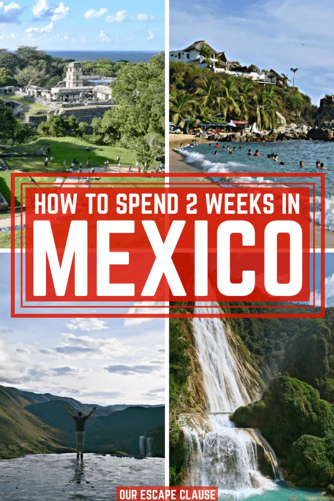 4 photos of ruins, beaches, and waterfalls in mexico with white font on a red background: 2 Weeks in Mexico Itinerary: Mexico Backpacking Route