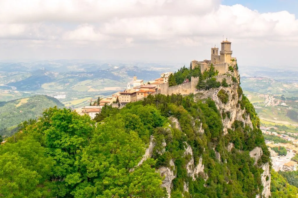 View of castle of San Marino perched on a hill