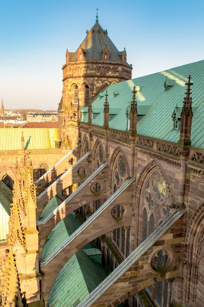 gothic architecture on the roof of the strasbourg cathedral, one of the best things to do in strasbourg france