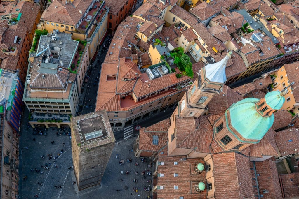 view of torre garisenda from torre asinelli, one of the best attractions bologna italy