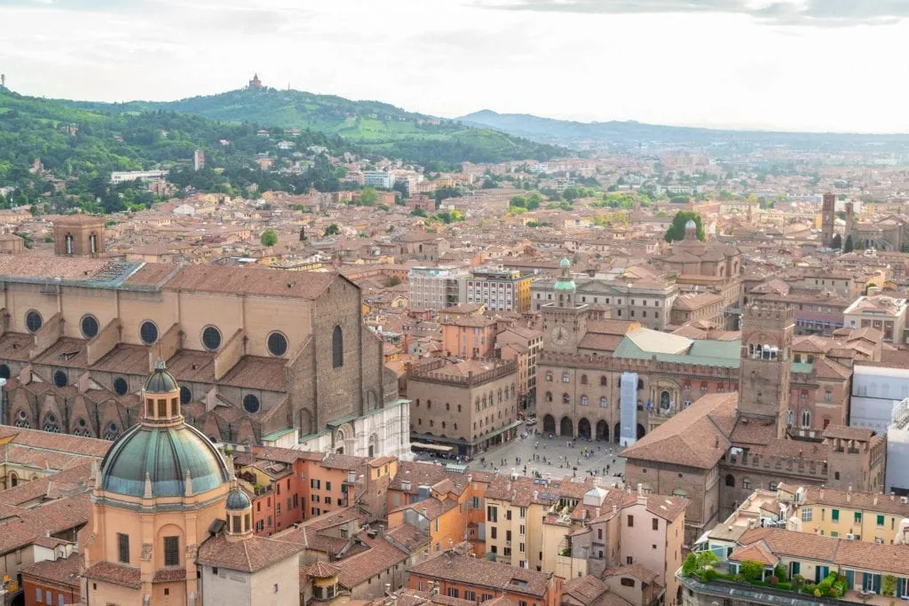 View of Bologna from above--this beautiful city is worth adding to your list of places to travel Europe by train