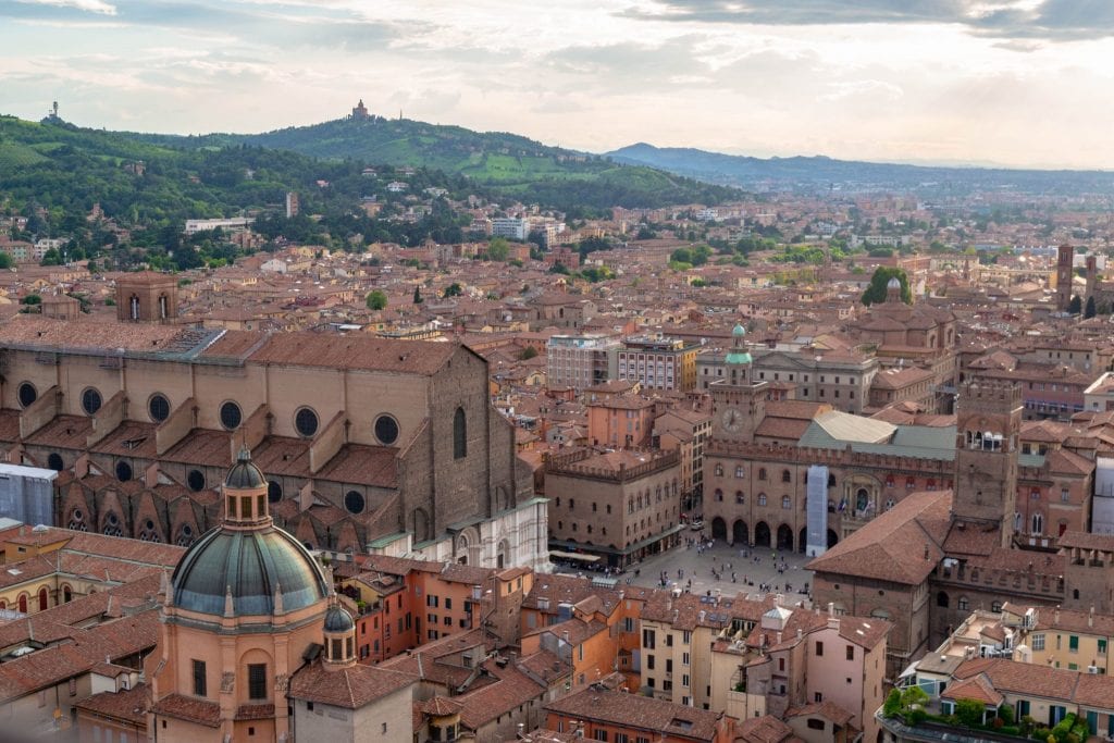 view of piazza maggiore and bologna from asinelli tower during one day in bologna italy