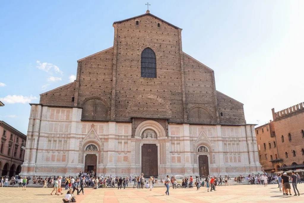 front facade of bologna cathedral in piazza maggiore, one of the best attractions in bologna in a day