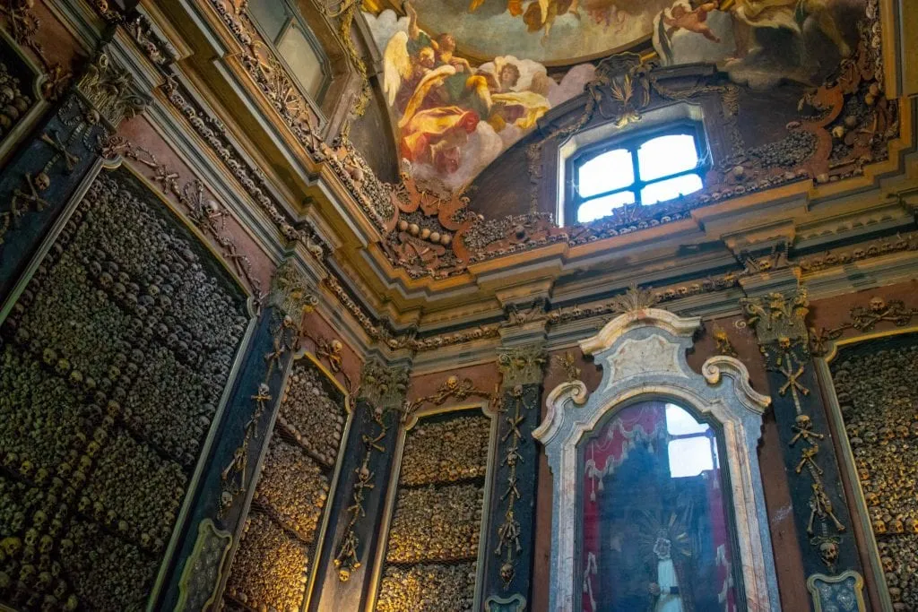 San Bernardino alle Ossa Ossuary, as seen when looking up. Definitely don't miss this during your one day in Milan!