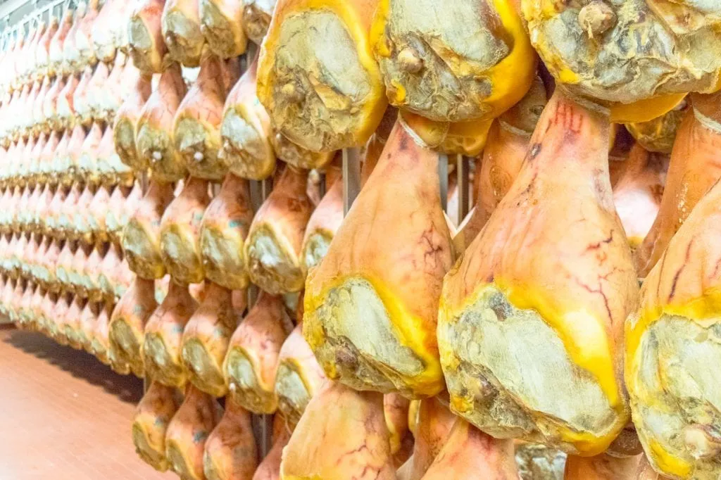 parma ham aging in a factory, as seen during a parma food tour