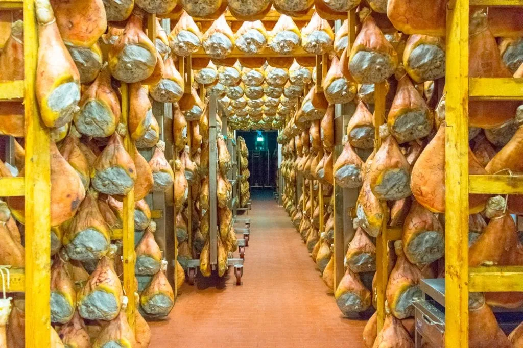 aging prosciutto di parma at a factory outside of parma italy, a fantastic day trip from bologna italy