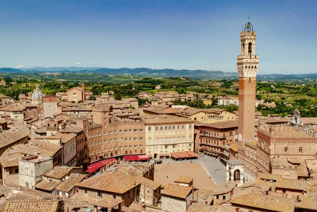 Piazza del Campo of Siena as seen from above. Siena is one of the best places to go in Italy.