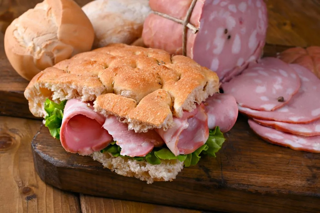 mortadella sandwich on foccacia in italy