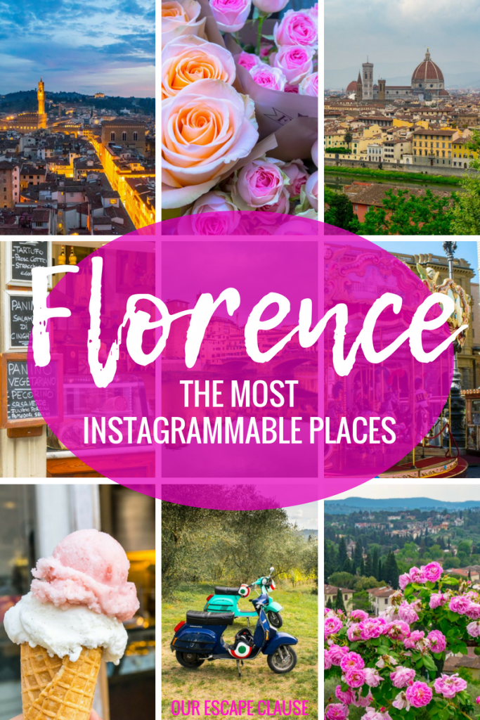 9 photos of florence italy on grid, white text on a pink background reads "florence most instagrammable places"