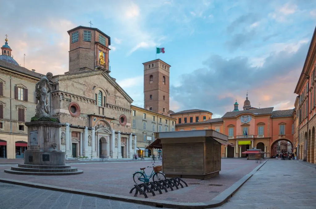 central piazza of reggio emilia at sunset, one of the best towns near bologna italy to visit