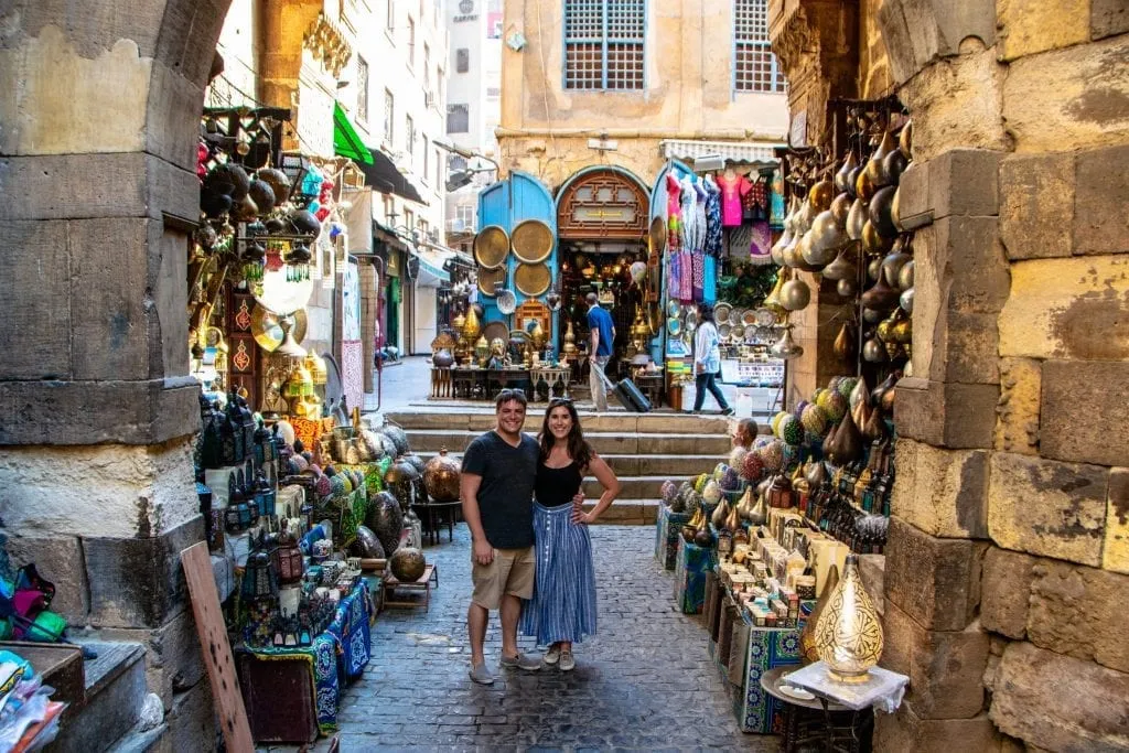 kate storm and jeremy storm in egyptian bazaar during one day in cairo itinerary