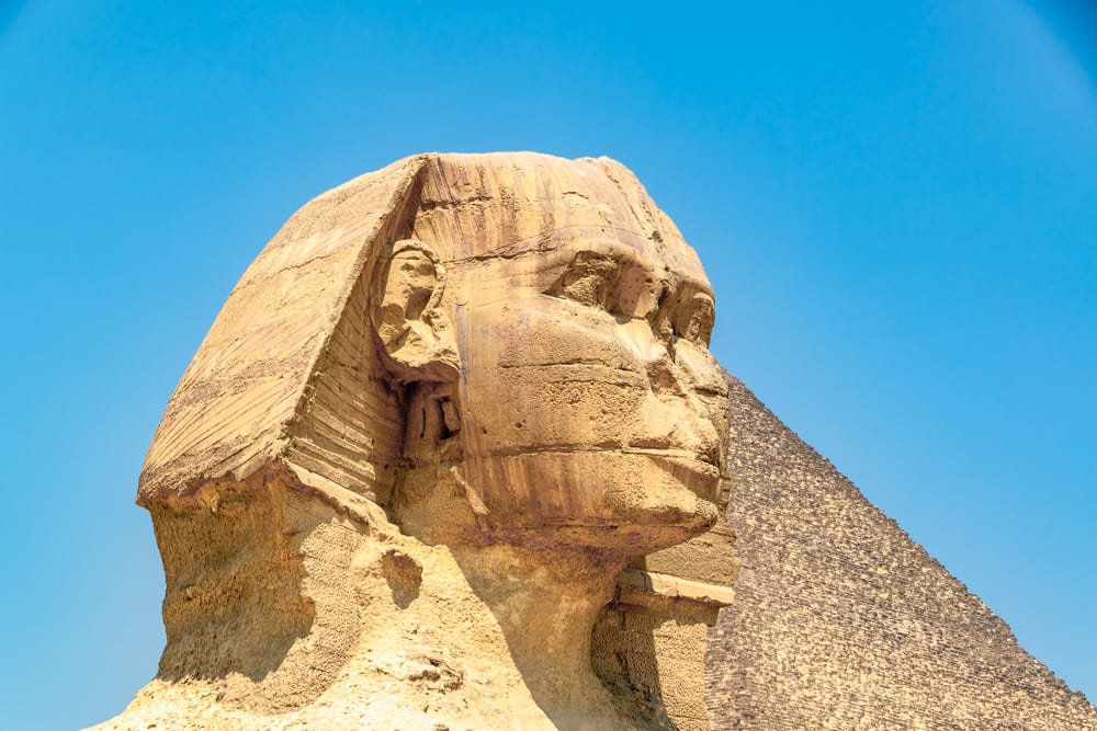 close up of the head of the great sphinx in giza
