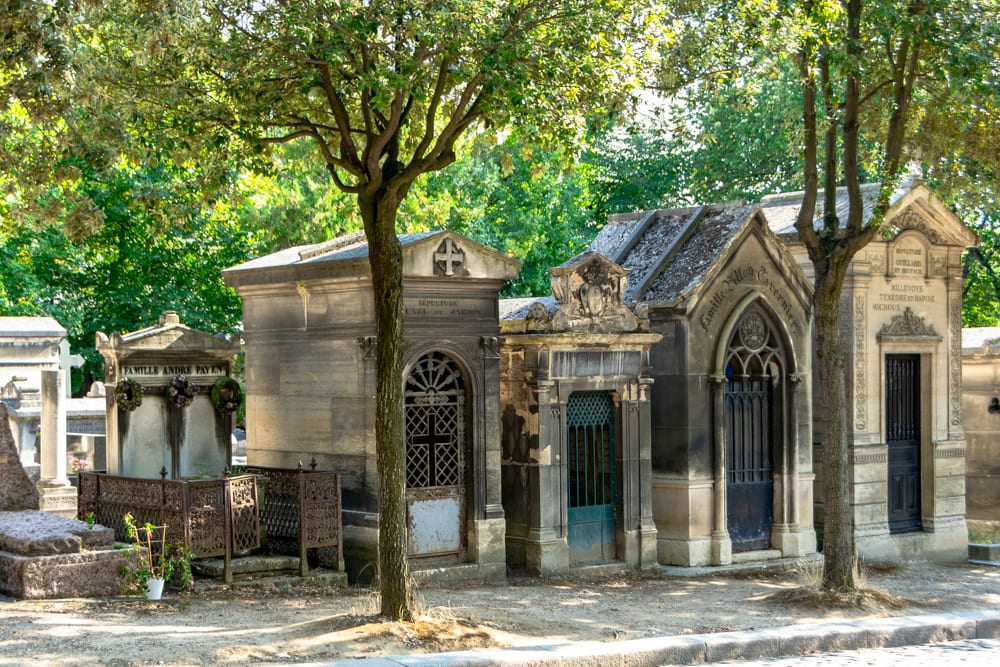 Mausoleums in Pere Lachaise Cemetery, Paris France--this cemetery is one of the many free things to see in Paris