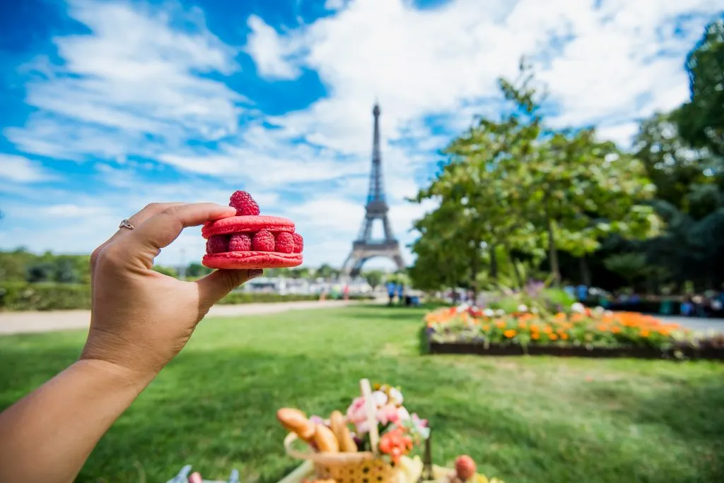 person holding up a french pastry on a picnic in front of the eiffel tower