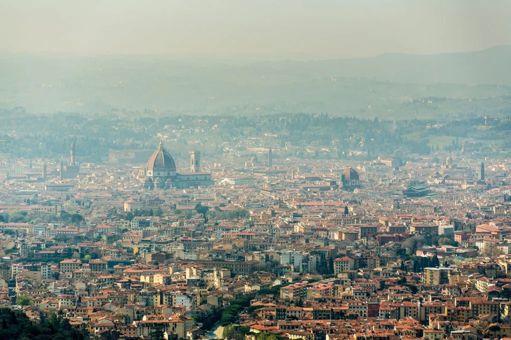 view of florence skyline from fiesole on a hazy day