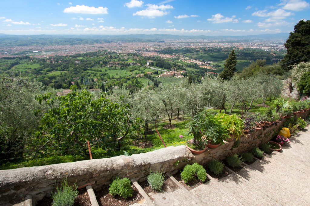 view of tuscan landscape from fiesole with florence in the background