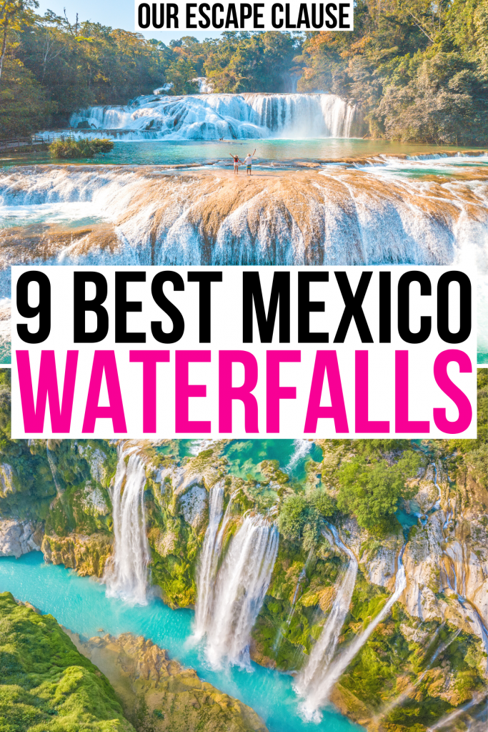 photos of agua azul and tamul waterfall, black and pink text in a white background reads "9 best mexico waterfalls"