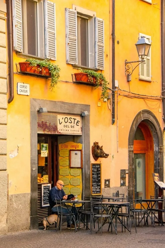 man and dog sitting outside an italian bar in a yellow building, coffee at a bar belongs on a list of what to do in orvieto italy