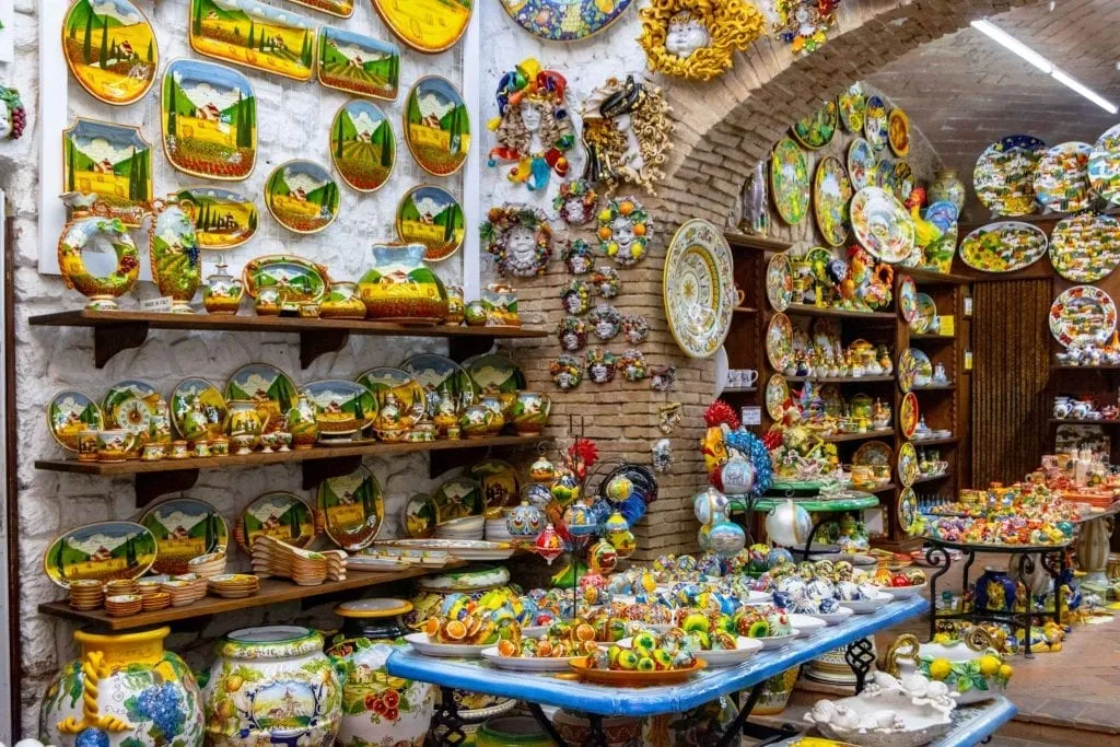 collection of ceramics for sale as travel souvenirs in orvieto italy