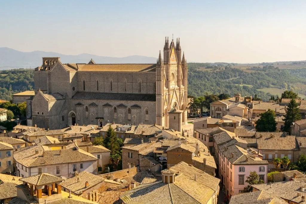 View of Orvieto Cathedral from Torre del Moro, one of the best day trips from Florence Italy