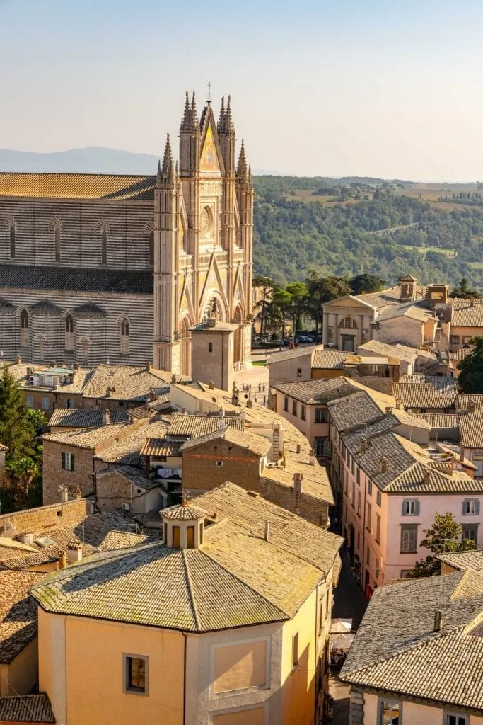 view of orvieto italy from tower with winding street prominent