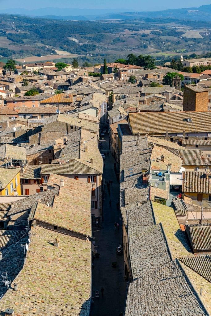 view of orvieto streets from viewpoint with tuscan countryside in the background