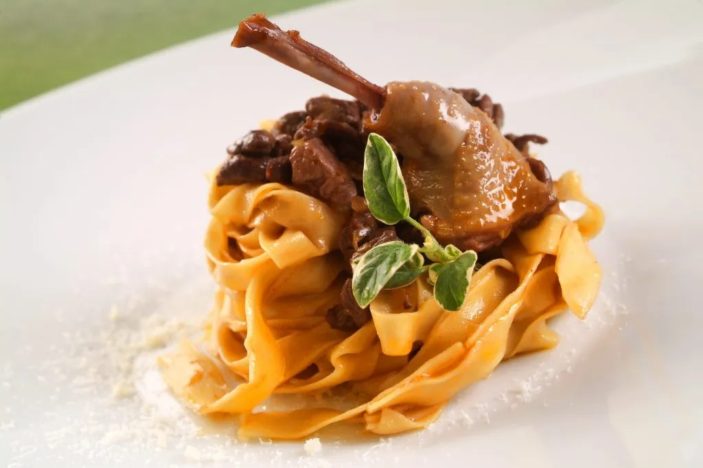 pasta and pigeon meal on a white plate