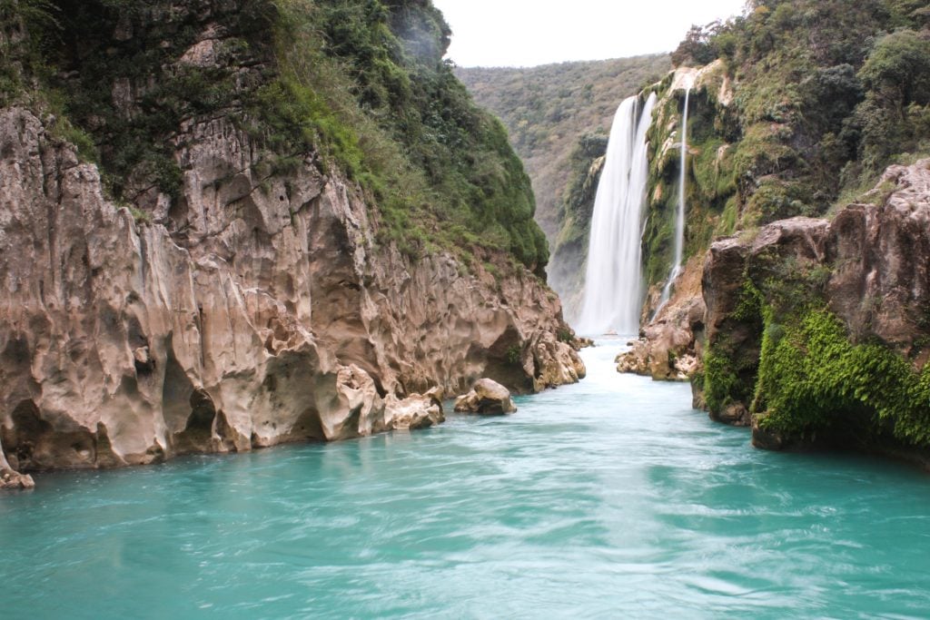 tamul waterfall as seen from the river, one of the best waterfalls in mexico