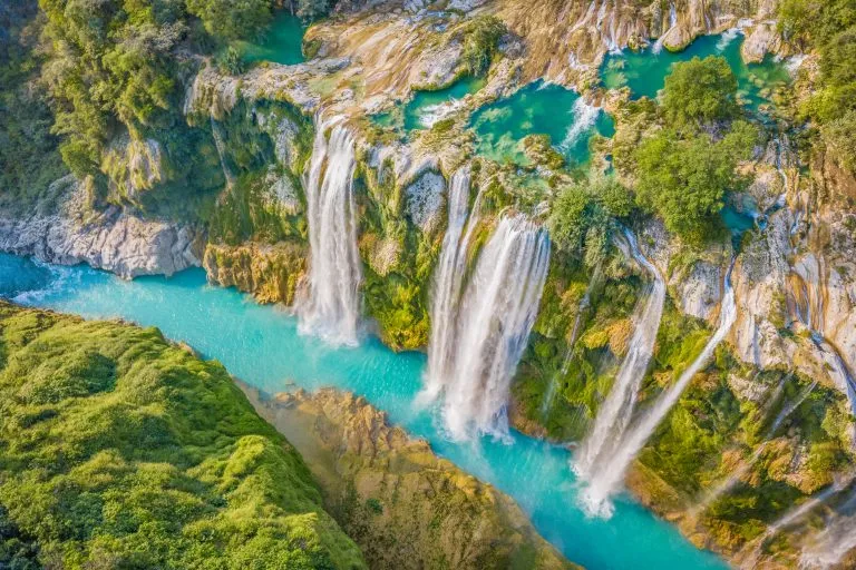 aerial view of tamul falls, one of the best waterfalls in mexico