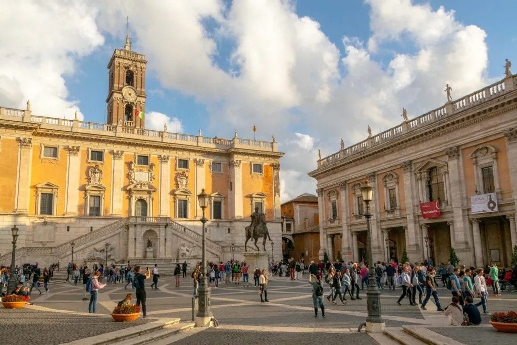 Piazza del Campidoglio with crowds in the foreground, one of the best rome piazzas