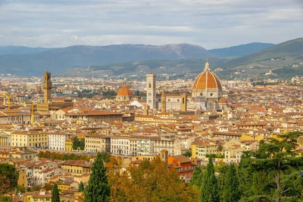 Photo of Florence skyline with Duomo in the center, shot from San Miniato al Monte--essential stop on any honeymoon in Italy!