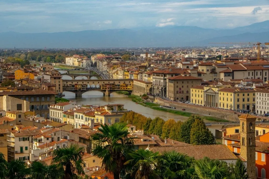 view of florence bridges from above on a day trip to florence from rome italy