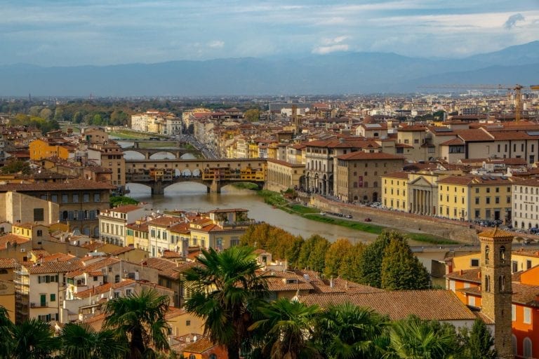 view of florence bridges from above on a day trip to florence from rome italy